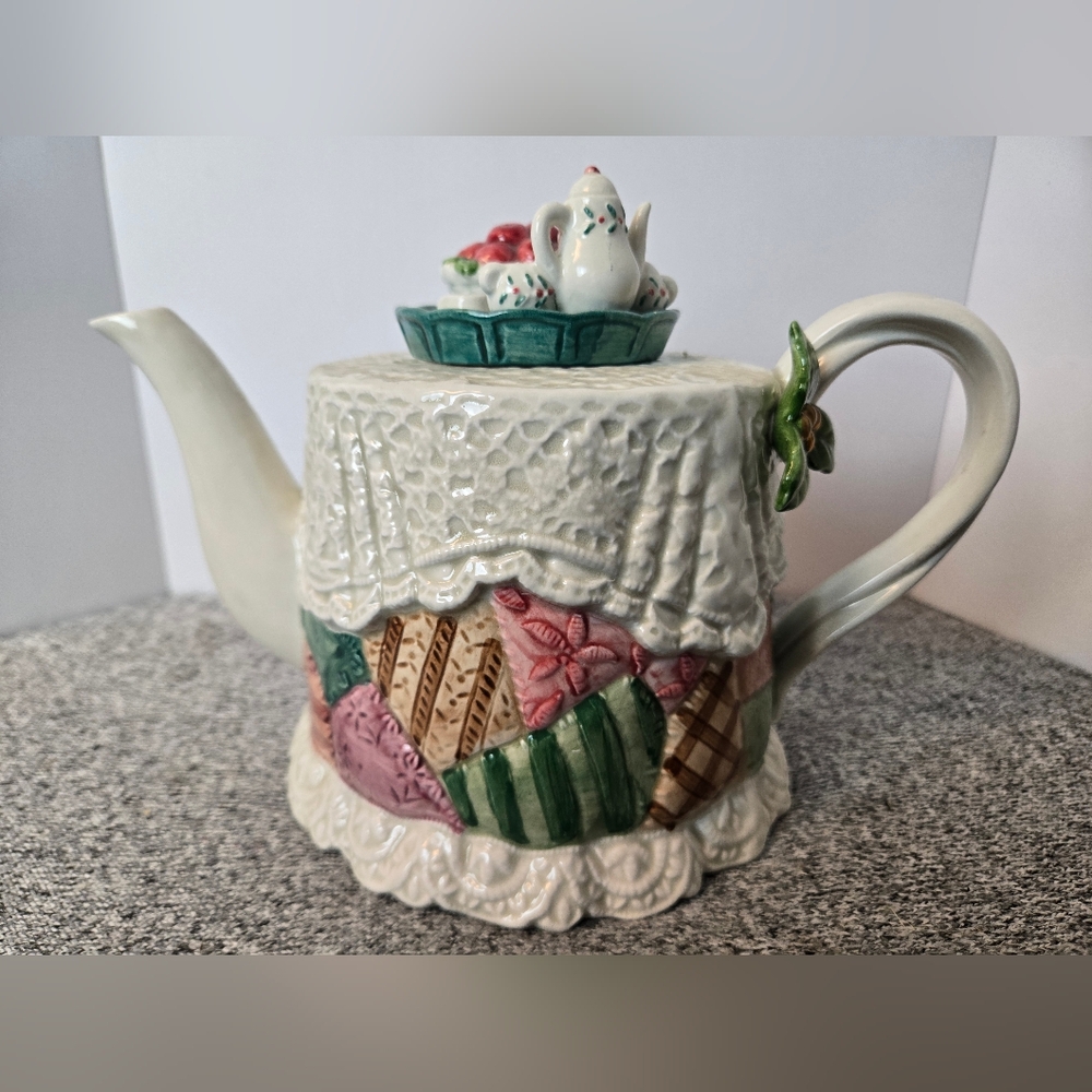 Fitz Floyd Decorative Ceramic Teapot Patchwork Quilt Table Design Cottagecore